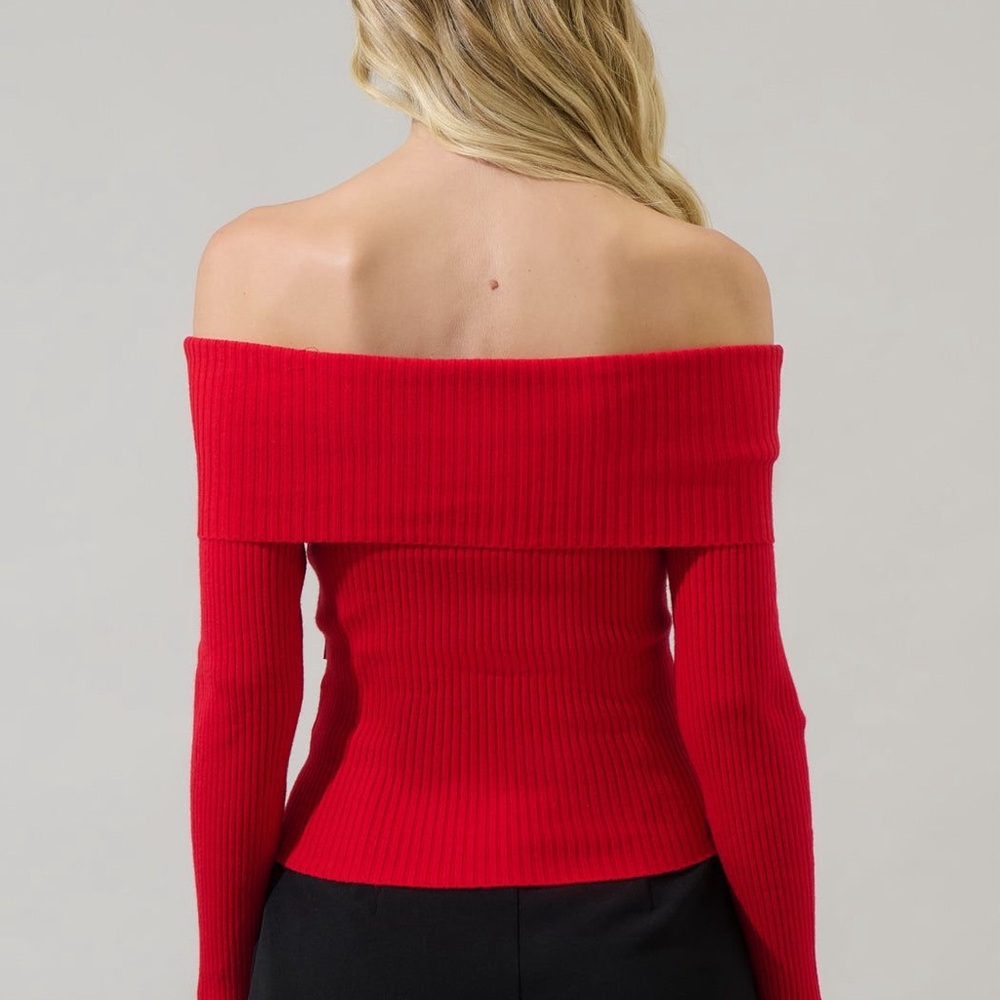 Red Off-the-Shoulder Ribbed Sweater - Picture 2 of 3